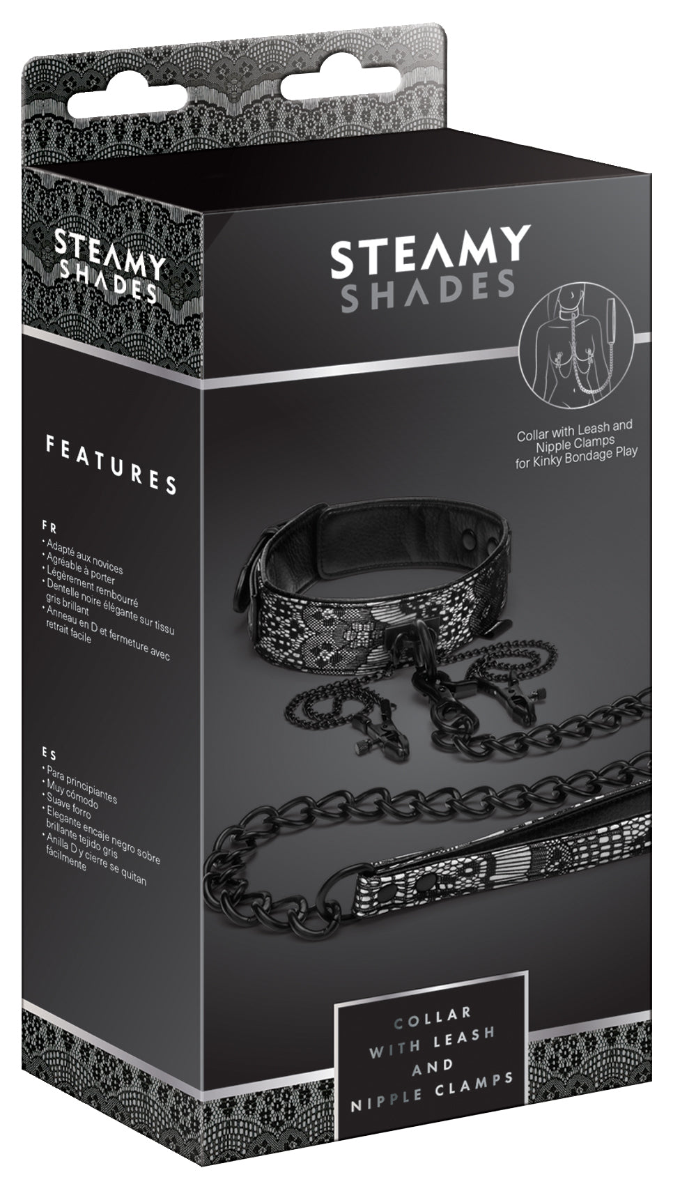 STEAMY SHADES Collar with Leash & Nipple Clamps Halsband-Set mit Nippelklemmen in schwarzer Originalverpackung mit Abbildung des Halsbands, der silberfarbenen Metallkette und STEAMY SHADES Markenlogo – erhältlich bei Evoria Care