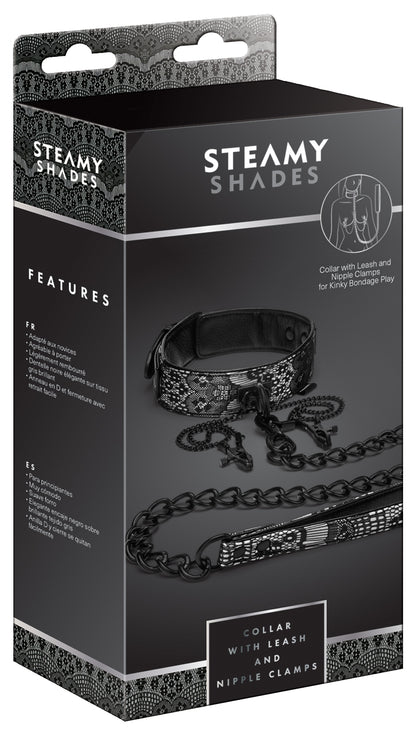 STEAMY SHADES Collar with Leash & Nipple Clamps Halsband-Set mit Nippelklemmen in schwarzer Originalverpackung mit Abbildung des Halsbands, der silberfarbenen Metallkette und STEAMY SHADES Markenlogo – erhältlich bei Evoria Care