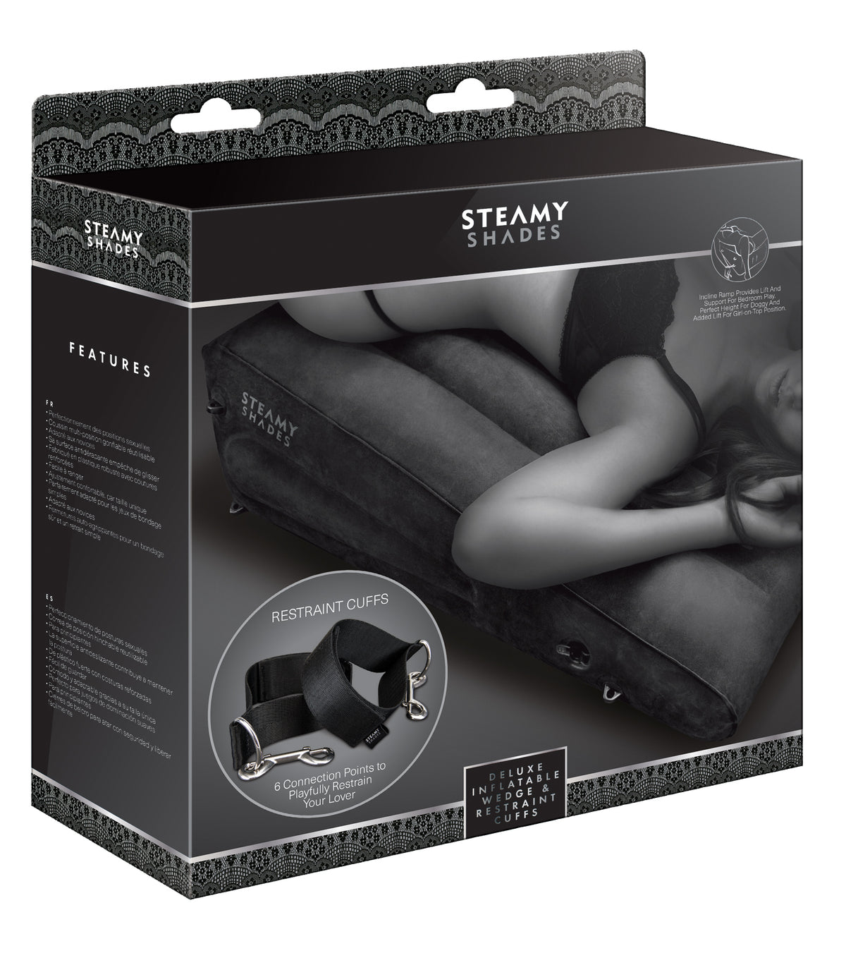 STEAMY SHADES Deluxe aufblasbarer Positionskeil mit Fesseln in schwarzer Originalverpackung mit Produktabbildung, Anwendungsszene und STEAMY SHADES Markenlogo – erhältlich bei Evoria Care