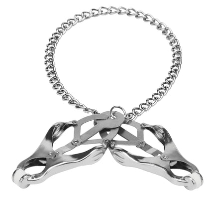 STEAMY SHADES Endurance Butterfly Nipple Clamps mit zwei silberfarbenen Butterfly-Brustwarzenklemmen, breiten Klemmmechanismen und langer dekorativer Metallkette in geschwungener Anordnung auf weißem Hintergrund – erhältlich bei Evoria Care