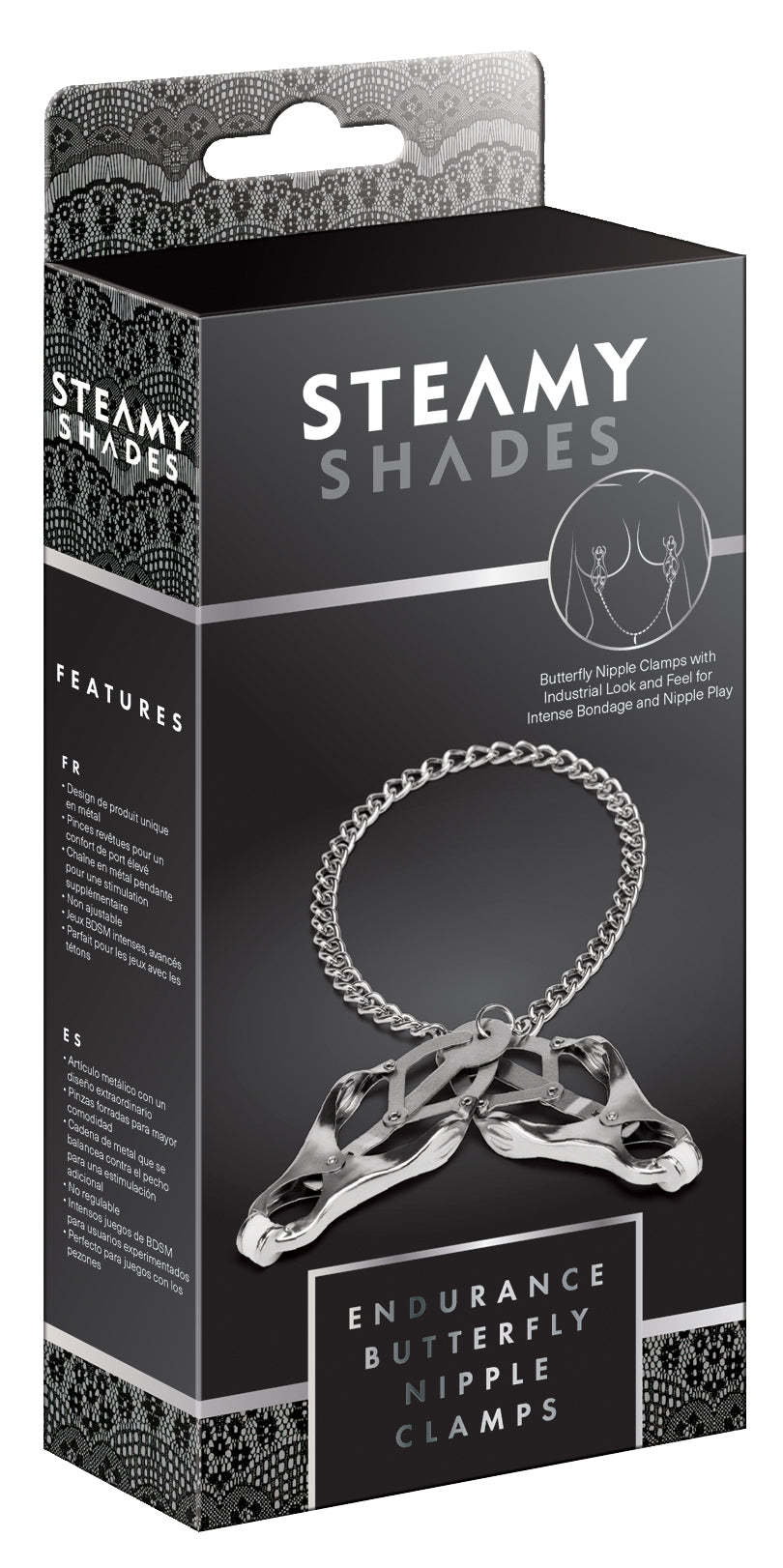 STEAMY SHADES Endurance Butterfly Nipple Clamps in schwarzer Originalverpackung mit Abbildung der silberfarbenen Butterfly-Brustwarzenklemmen, Verbindungskette und STEAMY SHADES Markenlogo – erhältlich bei Evoria Care