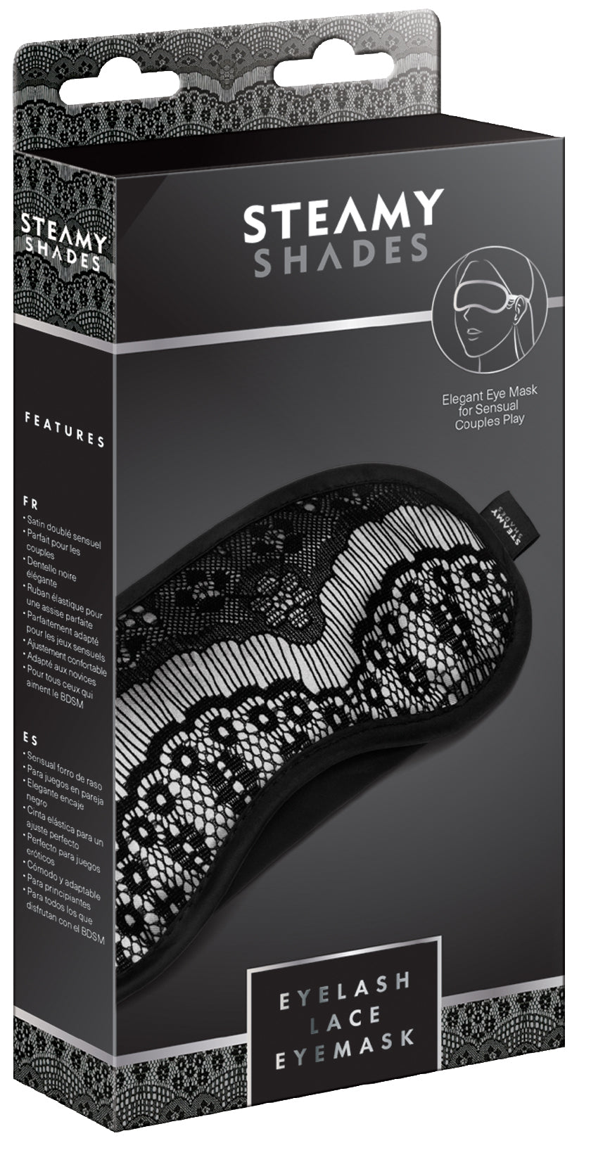 STEAMY SHADES Eyelash Lace Eyemask Satin-Augenmaske mit schwarzer floraler Spitze in schwarzer Originalverpackung mit Produktabbildung und STEAMY SHADES Markenlogo – erhältlich bei Evoria Care
