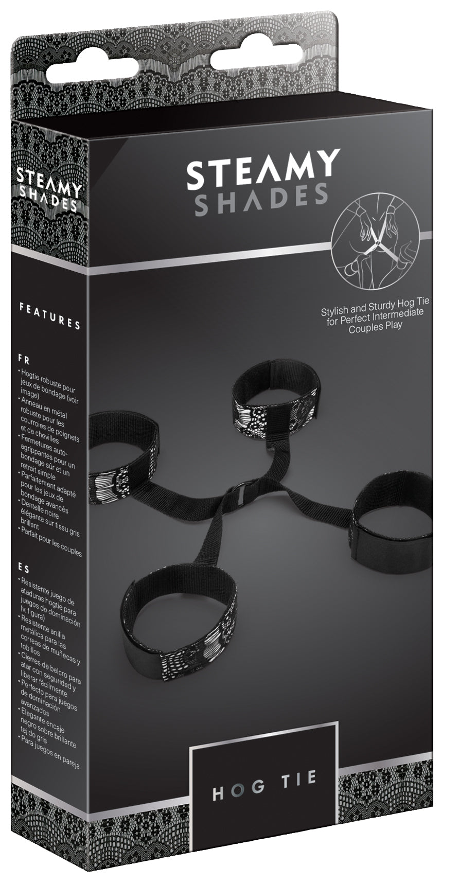 STEAMY SHADES Hog Tie Hand- und Fußfesseln mit Verbindungsring in schwarzer Originalverpackung mit Abbildung der vier Fesselmanschetten, des zentralen Verbindungsrings und STEAMY SHADES Markenlogo – erhältlich bei Evoria Care