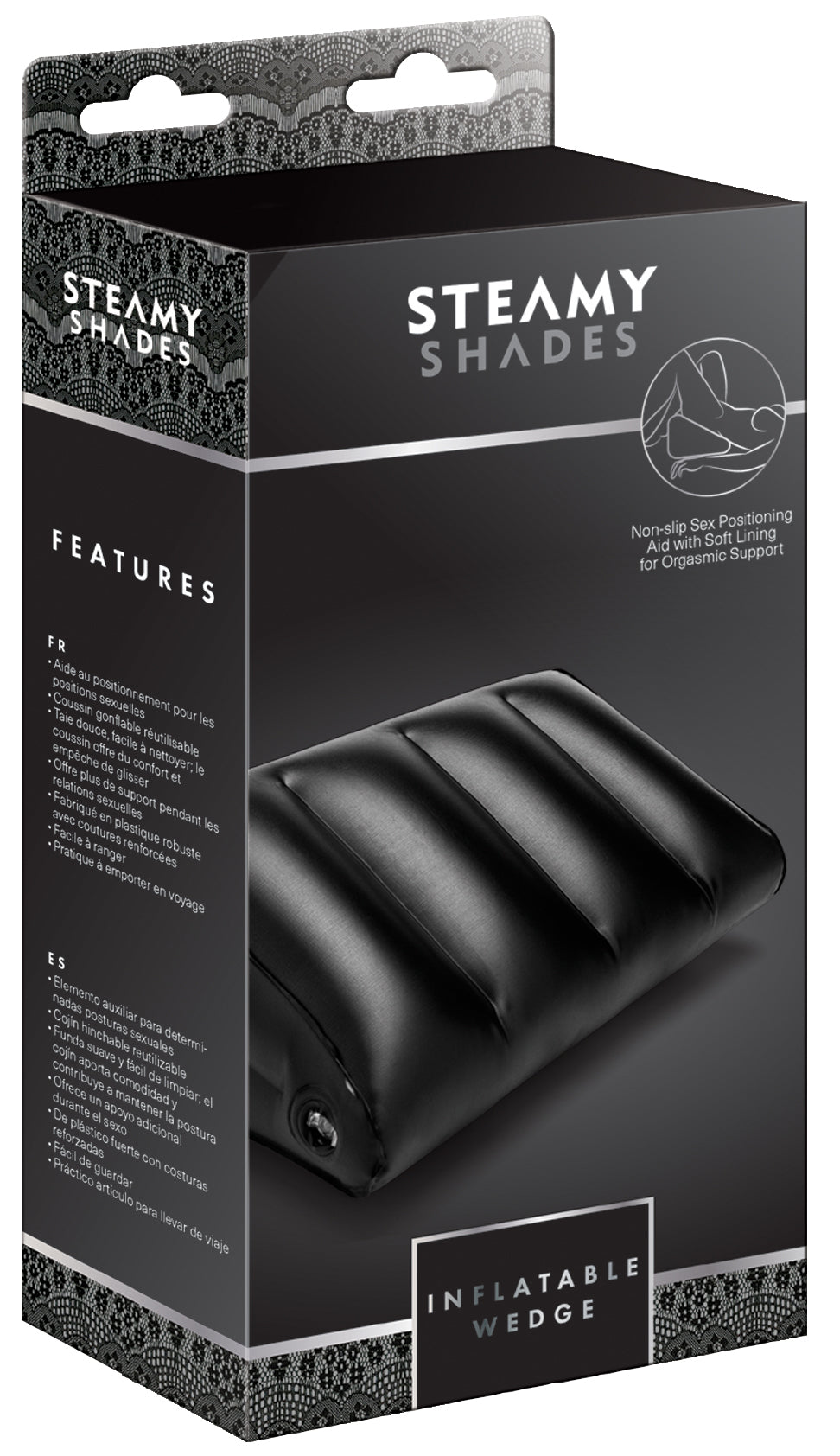 STEAMY SHADES Inflatable Wedge aufblasbarer Positionskeil in schwarzer Originalverpackung mit Produktabbildung der geriffelten Keilform und STEAMY SHADES Markenlogo in diagonaler Ansicht – erhältlich bei Evoria Care