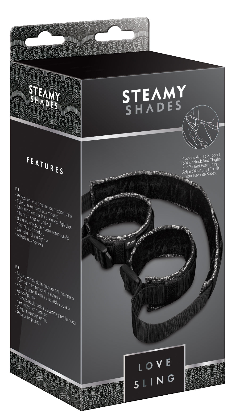 STEAMY SHADES Love Sling verstellbarer Positionsgurt in schwarzer Originalverpackung mit Abbildung des schwarzen Gurtsystems und STEAMY SHADES Markenlogo in frontaler Produktansicht – erhältlich bei Evoria Care