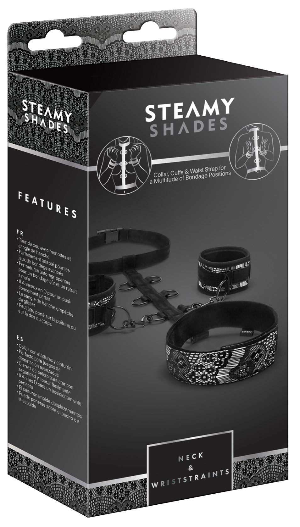 STEAMY SHADES Neck & Wriststraints Hals- und Handfesseln mit Hüftgurt in schwarzer Originalverpackung mit Abbildung der Fesselmanschetten, Verbindungselemente und STEAMY SHADES Markenlogo – erhältlich bei Evoria Care
