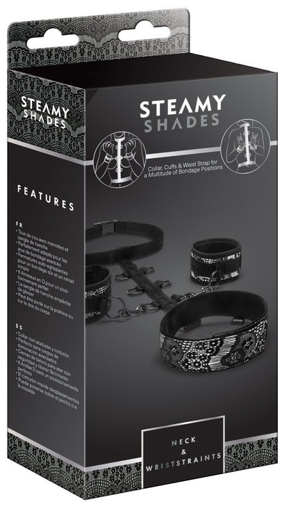 STEAMY SHADES Neck & Wriststraints Hals- und Handfesseln mit Hüftgurt in schwarzer Originalverpackung mit Abbildung der Fesselmanschetten, Verbindungselemente und STEAMY SHADES Markenlogo – erhältlich bei Evoria Care