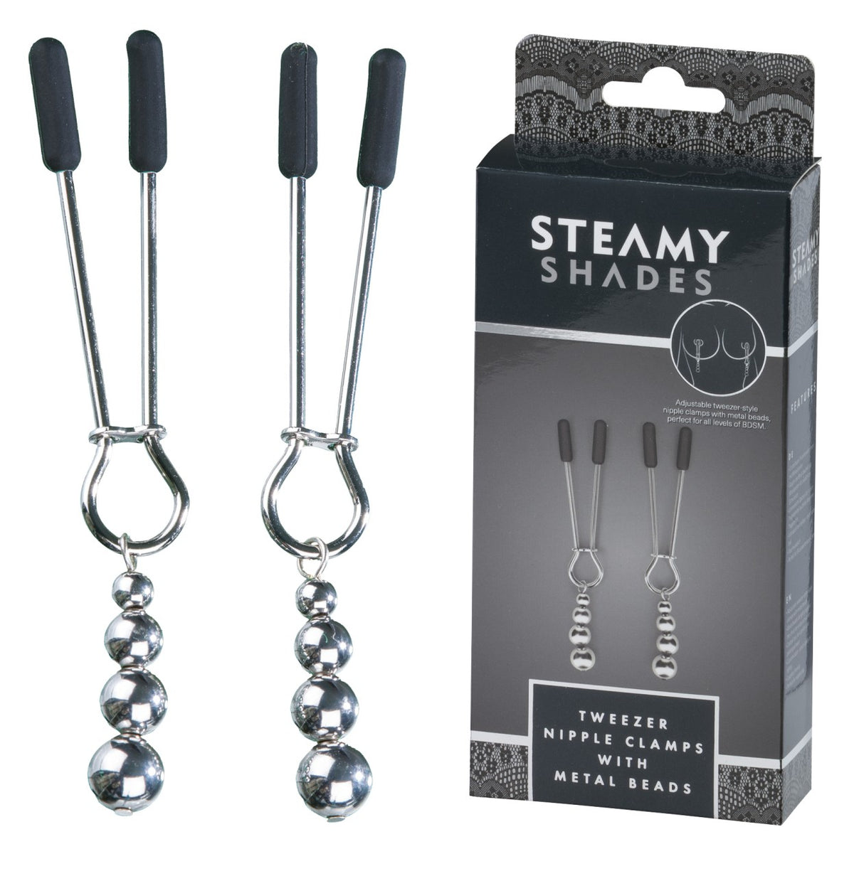 STEAMY SHADES Pinzetten-Nippelklemmen im Zweierset mit silberfarbenen Metallstäben, schwarzen Schutzkappen und dekorativen Metallperlen, dargestellt neben der schwarzen Originalverpackung – erhältlich bei Evoria Care