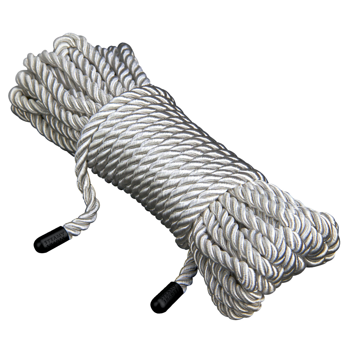 STEAMY SHADES Silver Rope Shibari-Fesselseil in Silber mit geflochtener Oberfläche und schwarzen Endstücken, mehrfach zusammengelegt in freigestellter Gesamtansicht auf weißem Hintergrund – erhältlich bei Evoria Care