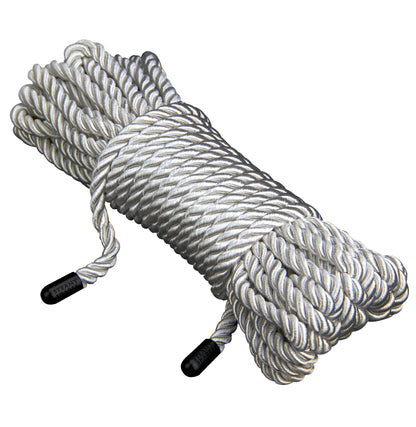 STEAMY SHADES Silver Rope Shibari-Fesselseil in Silber mit geflochtener Oberfläche und schwarzen Endstücken, mehrfach zusammengelegt in freigestellter Gesamtansicht auf weißem Hintergrund – erhältlich bei Evoria Care
