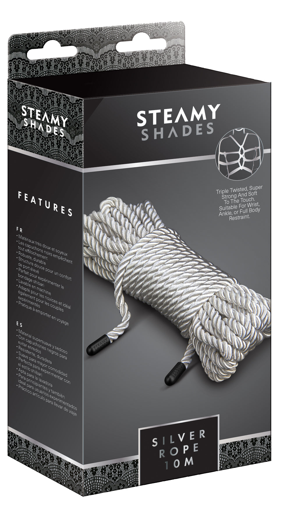 STEAMY SHADES Silver Rope silberfarbenes Shibari-Fesselseil in schwarzer Originalverpackung mit Abbildung des gebündelten Seils und STEAMY SHADES Markenlogo in frontaler Ansicht – erhältlich bei Evoria Care