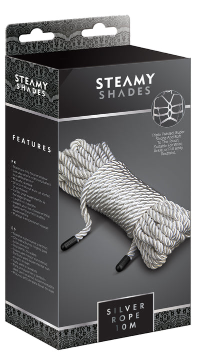 STEAMY SHADES Silver Rope silberfarbenes Shibari-Fesselseil in schwarzer Originalverpackung mit Abbildung des gebündelten Seils und STEAMY SHADES Markenlogo in frontaler Ansicht – erhältlich bei Evoria Care