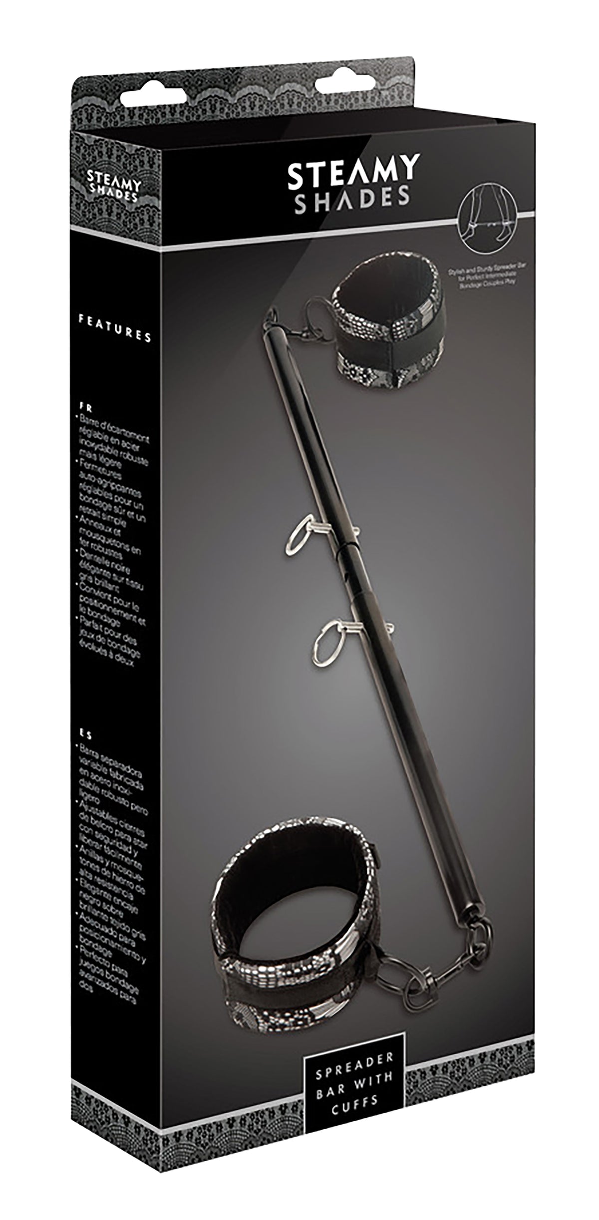 STEAMY SHADES Spreader Bar with Cuffs verstellbare Spreizstange mit Fesseln in schwarzer Originalverpackung mit Abbildung der silberfarbenen Stange, schwarzen Fesselmanschetten und STEAMY SHADES Markenlogo – erhältlich bei Evoria Care