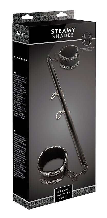 STEAMY SHADES Spreader Bar with Cuffs verstellbare Spreizstange mit Fesseln in schwarzer Originalverpackung mit Abbildung der silberfarbenen Stange, schwarzen Fesselmanschetten und STEAMY SHADES Markenlogo – erhältlich bei Evoria Care