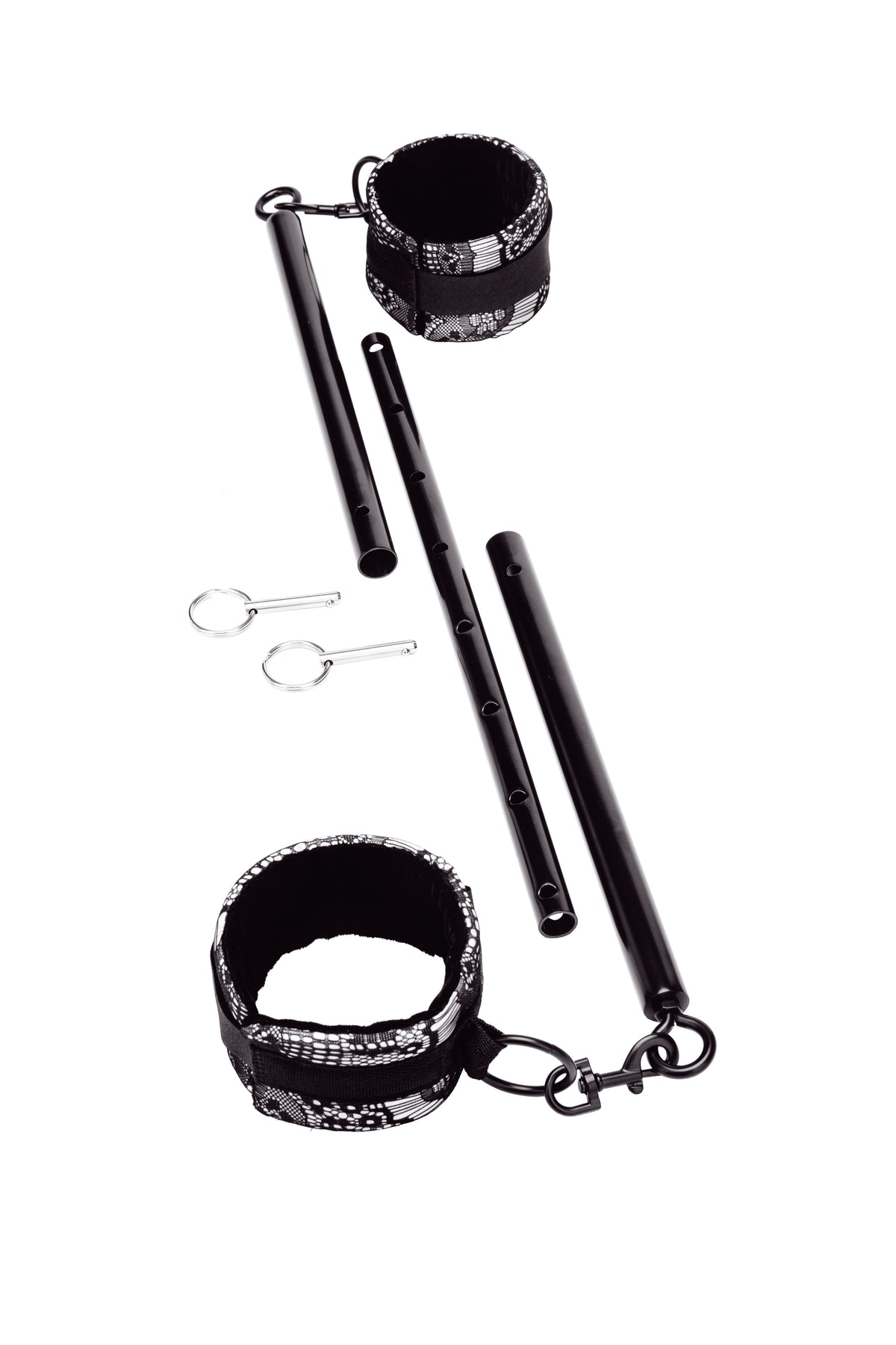 STEAMY SHADES Spreader Bar with Cuffs verstellbare Spreizstange mit silberfarbenem Metallschaft, schwarzen Manschetten und Verbindungselementen in alternativer diagonaler Produktansicht – erhältlich bei Evoria Care