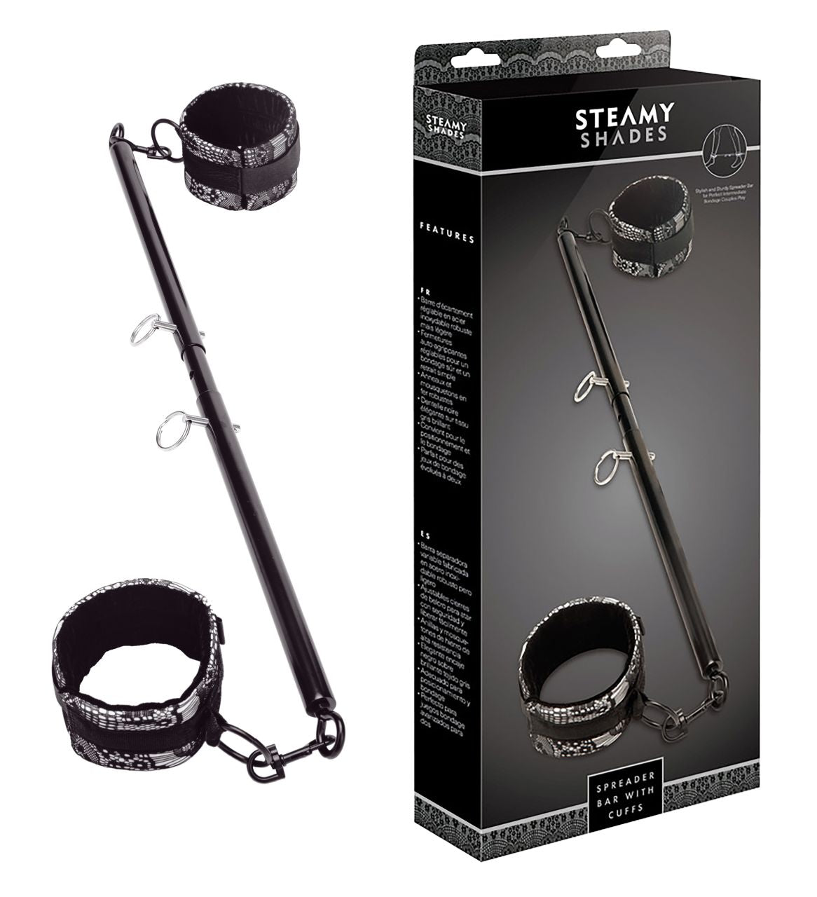 STEAMY SHADES Spreader Bar with Cuffs verstellbare Spreizstange in Silber und Schwarz mit zwei schwarzen Fesselmanschetten, Metallverbindungen und verstellbaren Befestigungselementen, dargestellt neben der schwarzen Originalverpackung – erhältlich bei Evoria Care