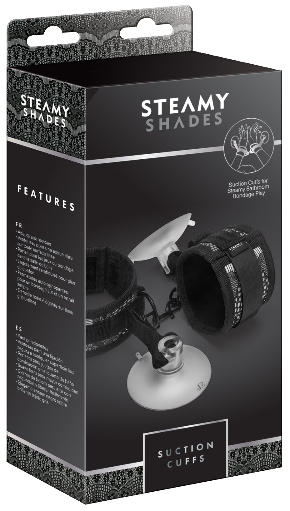 STEAMY SHADES Suction Cuffs gepolsterte Fesseln mit Saugnäpfen in schwarzer Originalverpackung mit Abbildung der Fesselmanschetten, Saugnapfbefestigungen und STEAMY SHADES Markenlogo – erhältlich bei Evoria Care