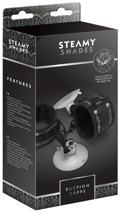 STEAMY SHADES Suction Cuffs gepolsterte Fesseln mit Saugnäpfen in schwarzer Originalverpackung mit Abbildung der Fesselmanschetten, Saugnapfbefestigungen und STEAMY SHADES Markenlogo – erhältlich bei Evoria Care