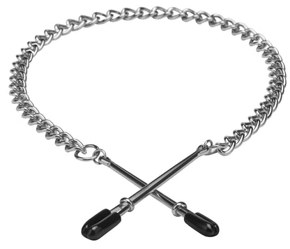 STEAMY SHADES Tweezer Intimate Nipple Clamps mit zwei schwarzen Klemmspitzen, silberfarbenen Pinzetten und langer dekorativer Metallkette in herzförmiger Anordnung auf weißem Hintergrund – erhältlich bei Evoria Care