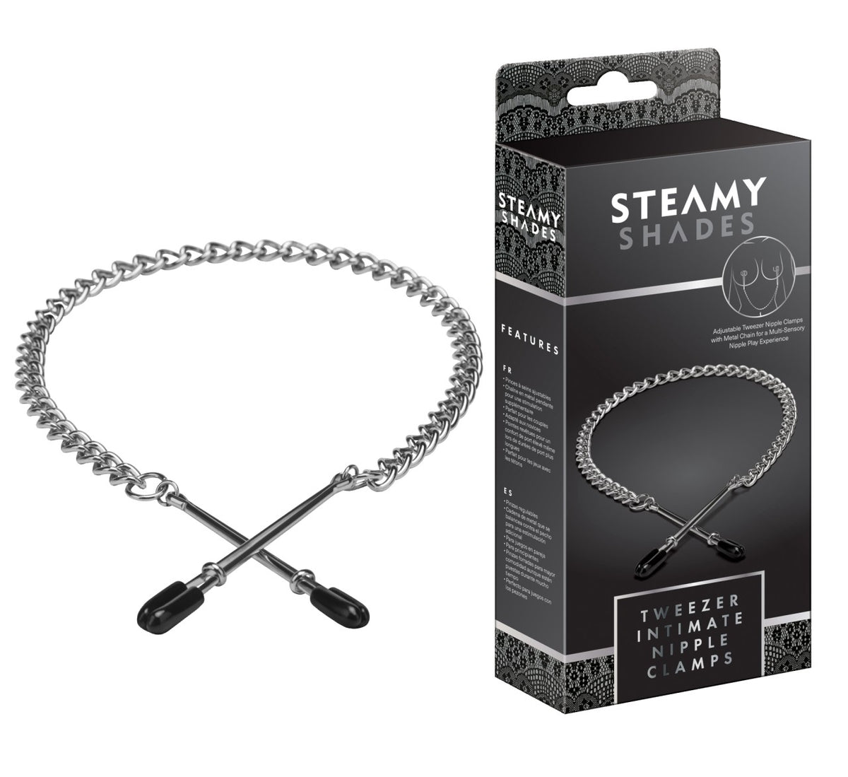 STEAMY SHADES Tweezer Intimate Nipple Clamps mit zwei silberfarbenen Pinzetten-Nippelklemmen, schwarzen Schutzkappen und langer Metallkette, dekorativ in Herzform angeordnet neben der schwarzen Originalverpackung – erhältlich bei Evoria Care