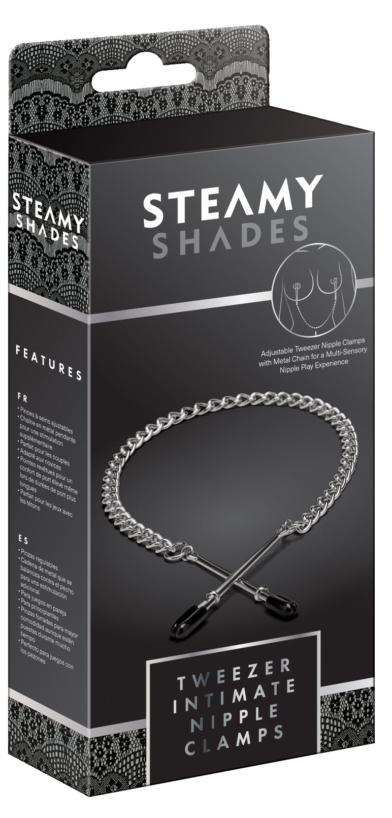 STEAMY SHADES Tweezer Intimate Nipple Clamps in schwarzer Originalverpackung mit Abbildung der silberfarbenen Verbindungskette, schwarzen Pinzetten-Nippelklemmen und STEAMY SHADES Markenlogo – erhältlich bei Evoria Care
