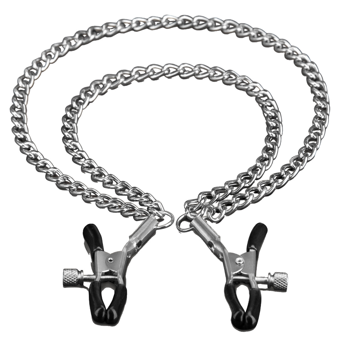 STEAMY SHADES verstellbare Nippelklemmen mit schwarzen Klemmspitzen, silberfarbenen Schraubmechanismen und zwei dekorativen Metallketten in geschwungener Anordnung auf weißem Hintergrund – erhältlich bei Evoria Care