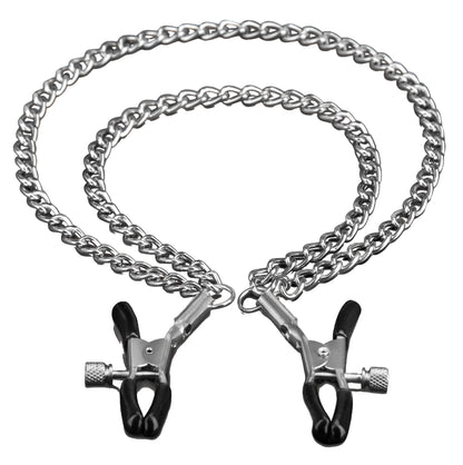 STEAMY SHADES verstellbare Nippelklemmen mit schwarzen Klemmspitzen, silberfarbenen Schraubmechanismen und zwei dekorativen Metallketten in geschwungener Anordnung auf weißem Hintergrund – erhältlich bei Evoria Care