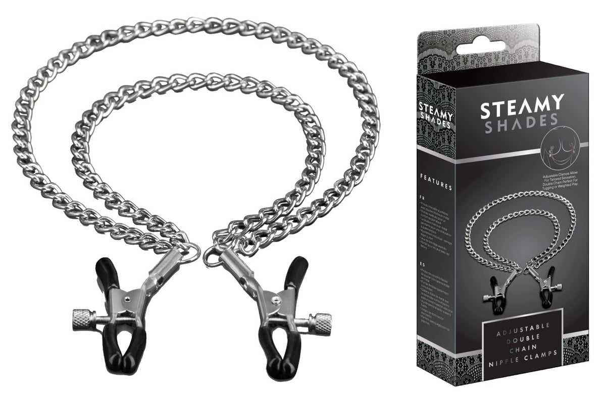 STEAMY SHADES verstellbare Nippelklemmen in Schwarz mit zwei silberfarbenen Metallketten, verstellbaren Klemmmechanismen und Metallringen, dargestellt neben der schwarzen Originalverpackung – erhältlich bei Evoria Care