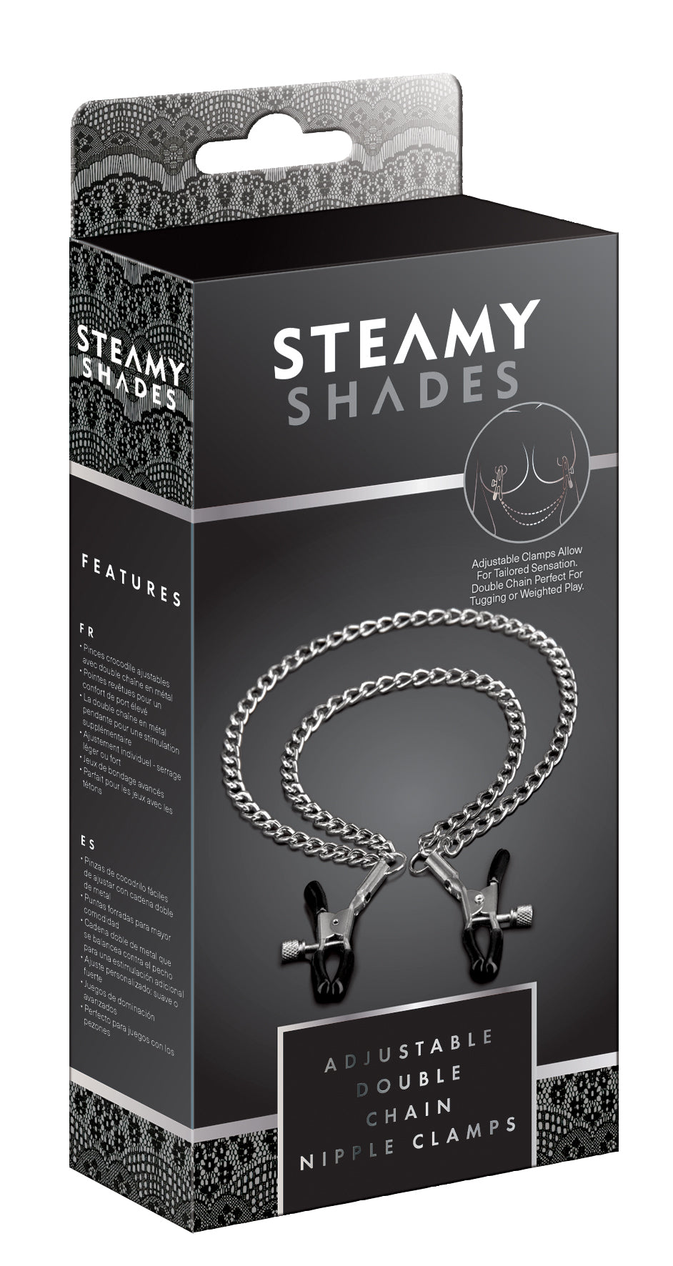 STEAMY SHADES verstellbare Nippelklemmen mit Doppelkette in schwarzer Originalverpackung mit Abbildung der silberfarbenen Metallketten, schwarzen Klemmen und STEAMY SHADES Markenlogo – erhältlich bei Evoria Care