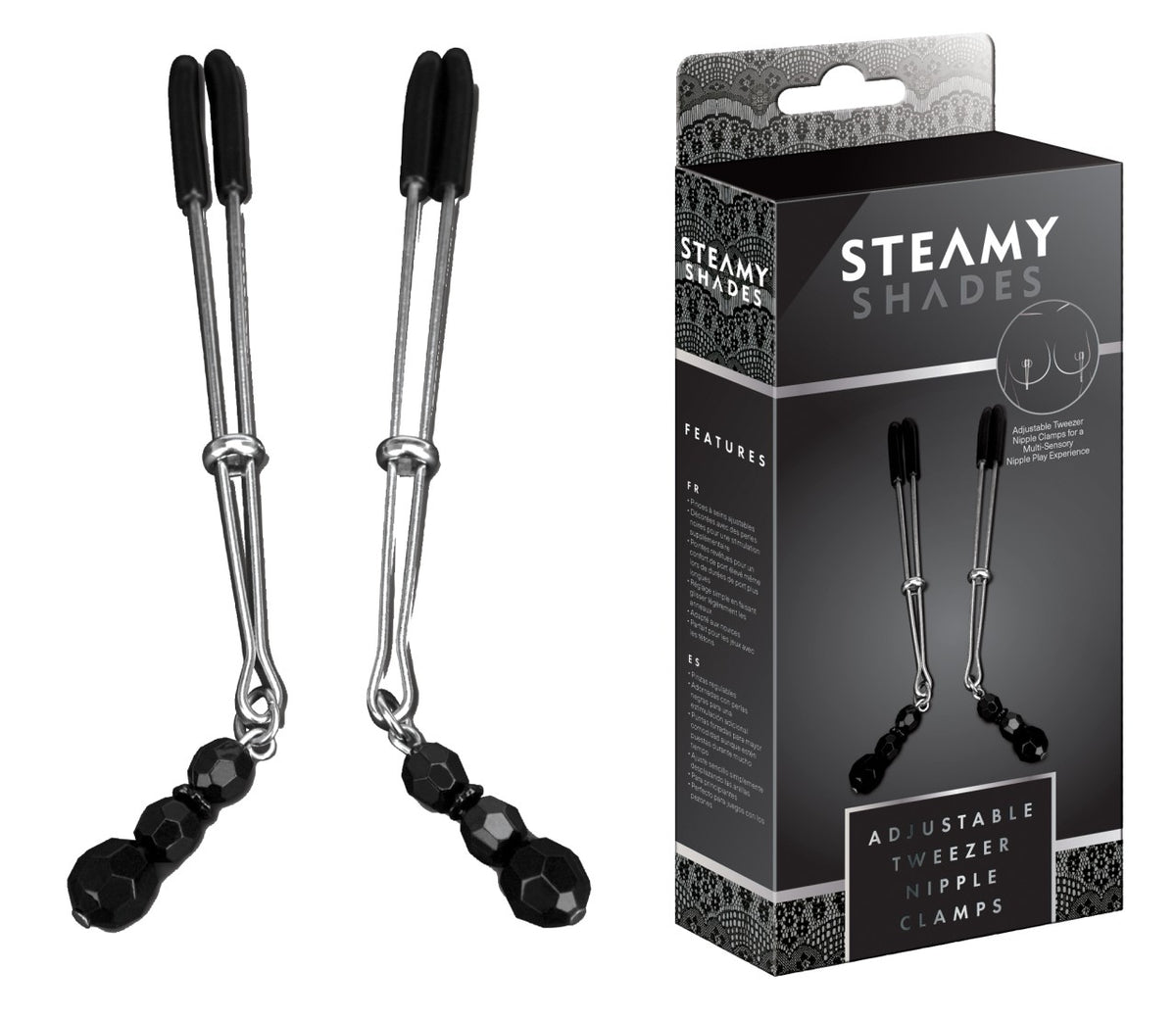 STEAMY SHADES verstellbare Pinzetten-Nippelklemmen im Zweierset mit silberfarbenen Metallstäben, schwarzen Schutzkappen, verschiebbaren Einstellringen und dekorativen schwarzen Perlen, dargestellt neben der schwarzen Originalverpackung – erhältlich bei Evoria Care