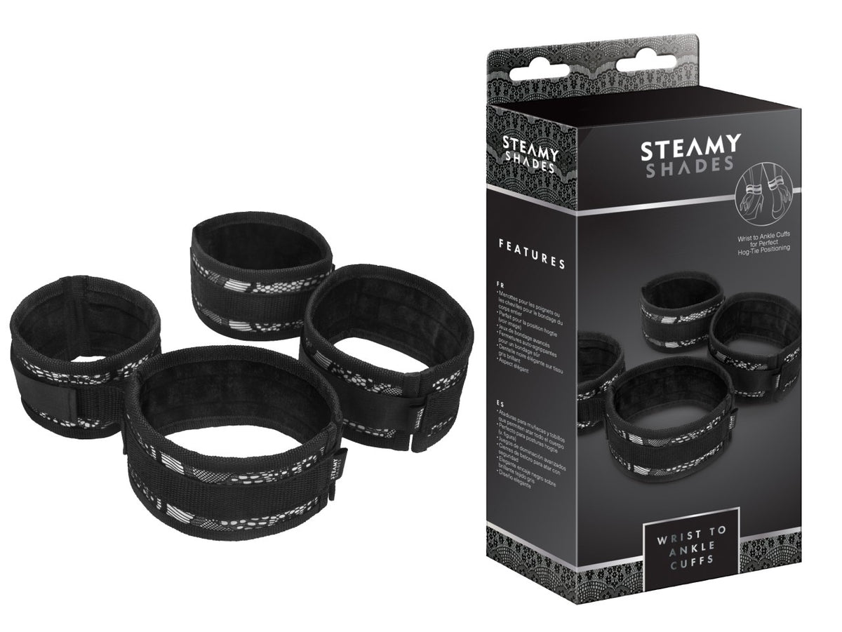 STEAMY SHADES Wrist to Ankle Cuffs schwarze Hand- und Fußfesseln für Hog-Tie-Positionen mit vier gepolsterten Manschetten, verstellbaren Riemen und Verbindungselementen, dargestellt neben der schwarzen Originalverpackung – erhältlich bei Evoria Care