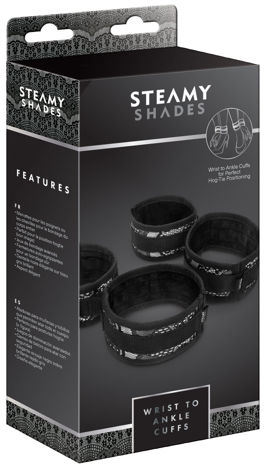 STEAMY SHADES Wrist to Ankle Cuffs Hand- und Fußfesseln für Hog-Tie-Positionen in schwarzer Originalverpackung mit Abbildung der gepolsterten Fesselmanschetten und STEAMY SHADES Markenlogo – erhältlich bei Evoria Care