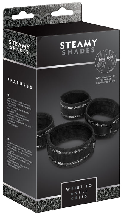 STEAMY SHADES Wrist to Ankle Cuffs Hand- und Fußfesseln für Hog-Tie-Positionen in schwarzer Originalverpackung mit Abbildung der gepolsterten Fesselmanschetten und STEAMY SHADES Markenlogo – erhältlich bei Evoria Care