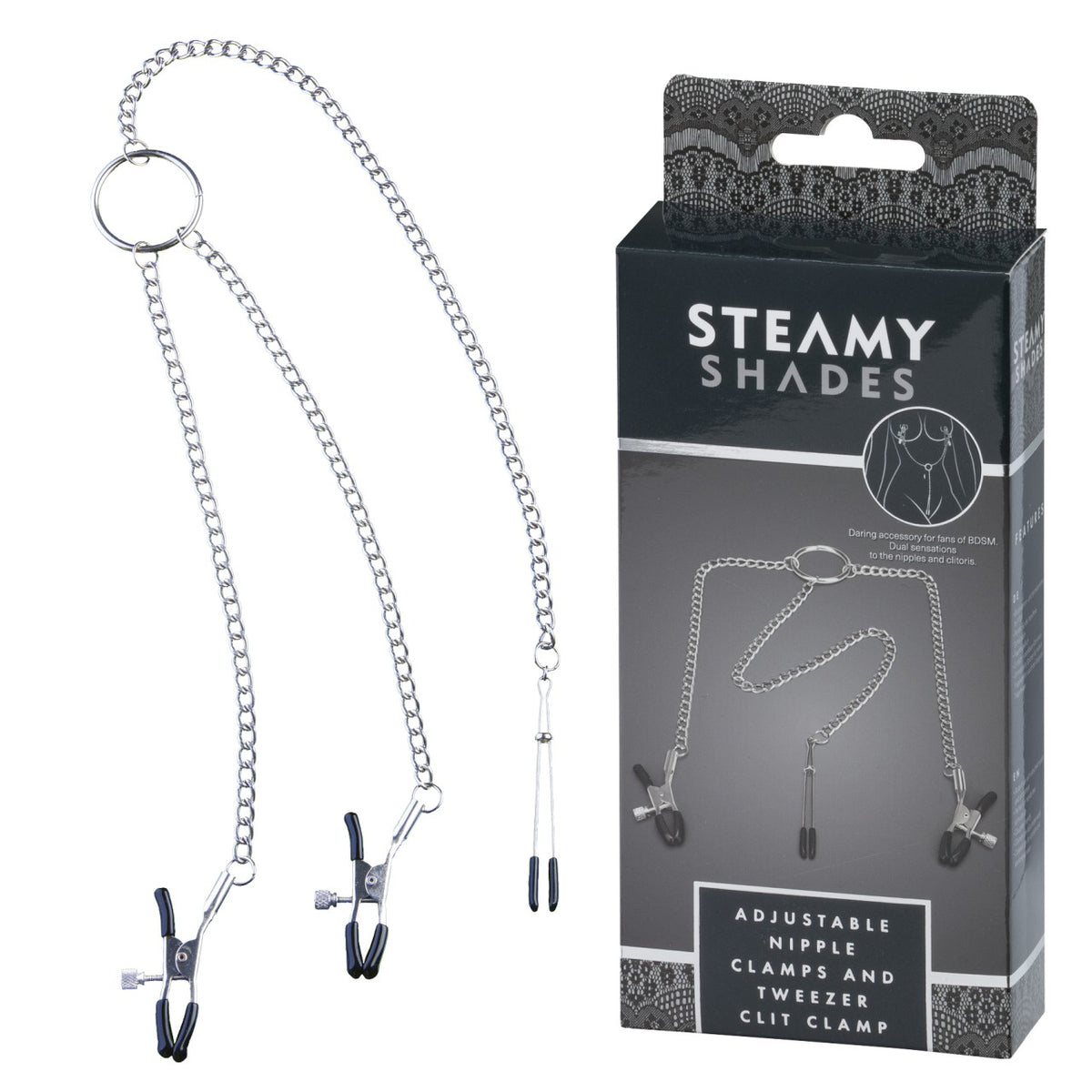 STEAMY SHADES Y-Style Brustwarzen- und Intimklemmen mit silberfarbenen Metallketten, rundem Verbindungsring und drei schwarzen Klemmen, dargestellt neben der schwarzen Originalverpackung – erhältlich bei Evoria Care