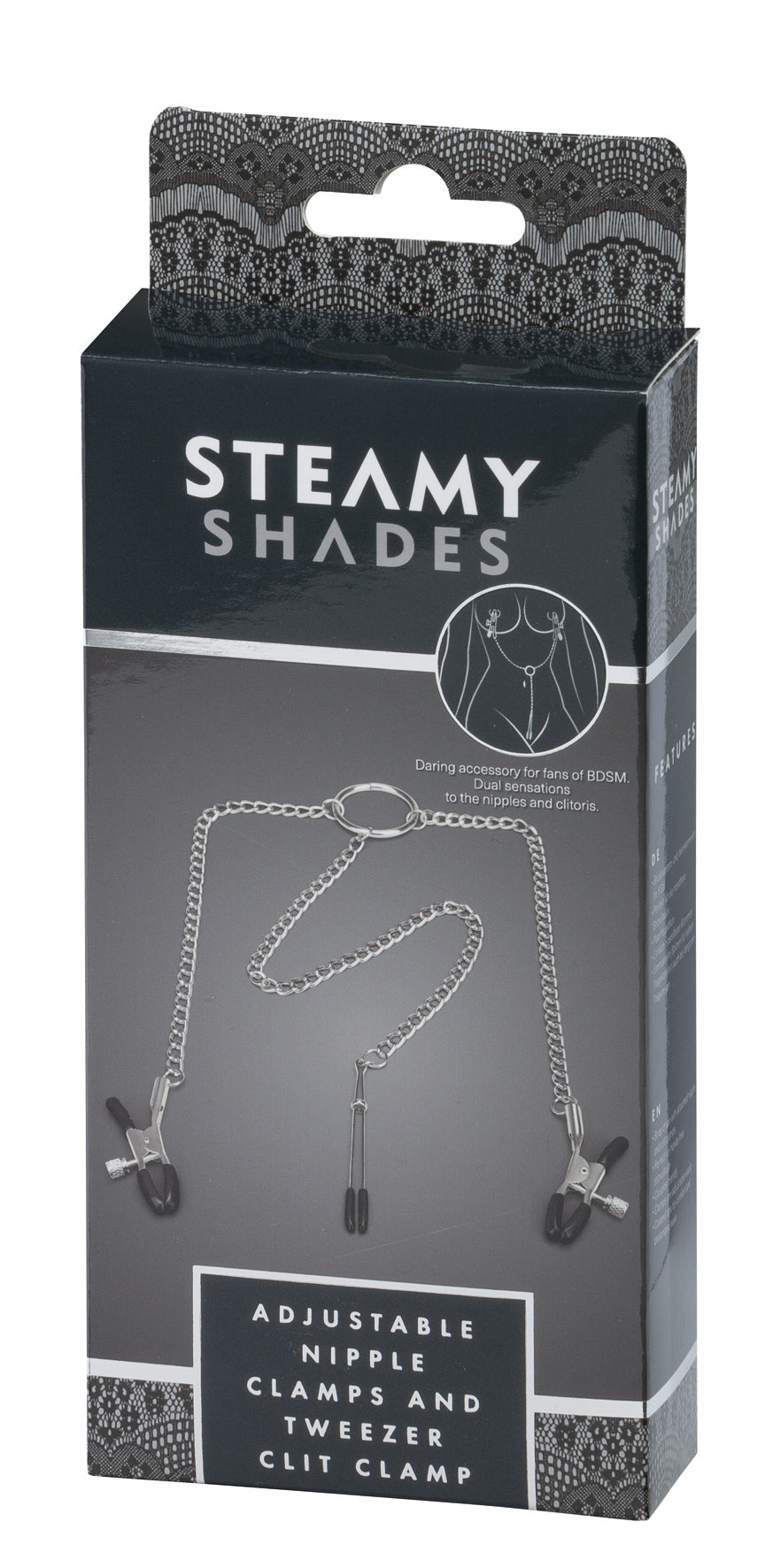STEAMY SHADES Y-Style Brustwarzen- und Intimklemmen in schwarzer Originalverpackung mit Sichtfenster, Abbildung der silberfarbenen Ketten und STEAMY SHADES Markenlogo in frontaler Ansicht – erhältlich bei Evoria Care