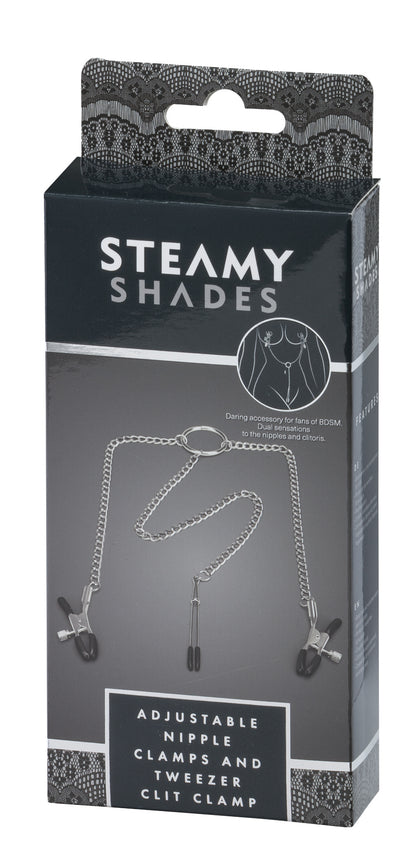 STEAMY SHADES Y-Style Brustwarzen- und Intimklemmen in schwarzer Originalverpackung mit Sichtfenster, Abbildung der silberfarbenen Ketten und STEAMY SHADES Markenlogo in frontaler Ansicht – erhältlich bei Evoria Care
