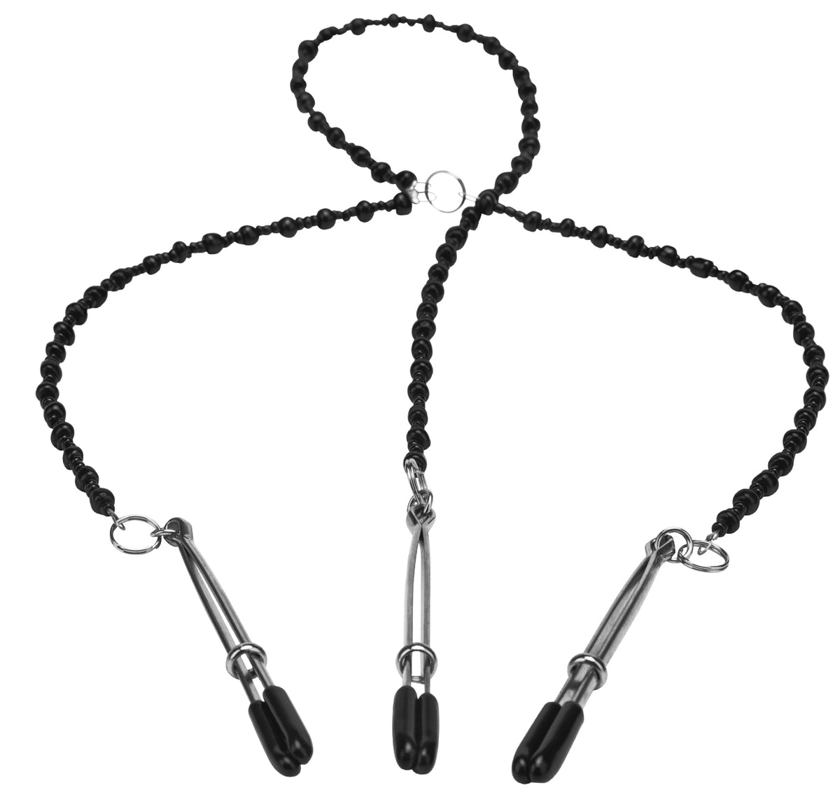 STEAMY SHADES Y-Style Deluxe Beaded Nipple Clamps mit drei silberfarbenen Perlenketten, zentralem Metallring und schwarzen Klemmspitzen in Y-förmiger Anordnung auf weißem Hintergrund – erhältlich bei Evoria Care