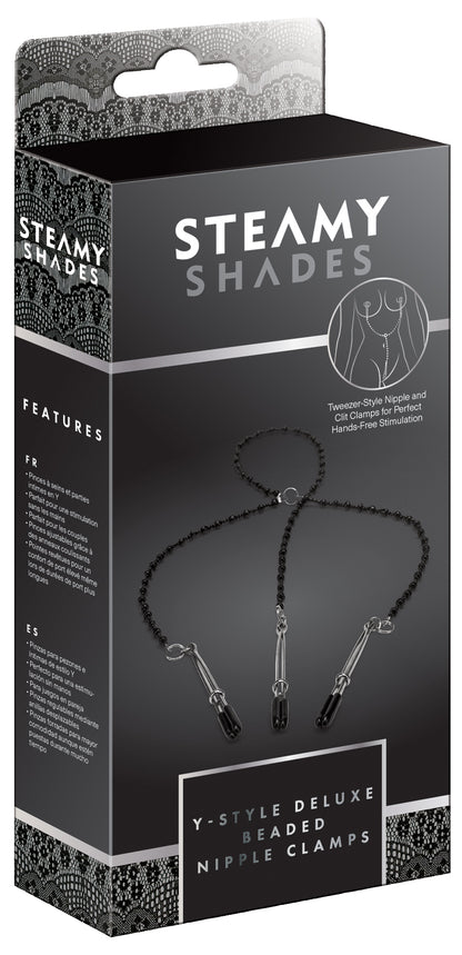 STEAMY SHADES Y-Style Deluxe Beaded Nipple Clamps in schwarzer Originalverpackung mit Abbildung des Y-förmigen Klemmen-Sets, silberfarbenen Perlenketten und STEAMY SHADES Markenlogo – erhältlich bei Evoria Care