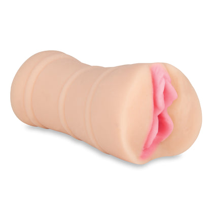 STROKER Porn Star Pussy – einzelner hautfarbener Vaginal-Masturbator aus weichem TPR mit zylindrischem Körper und rosafarbener anatomisch geformter Öffnung auf weißem Hintergrund – erhältlich bei Evoria Care