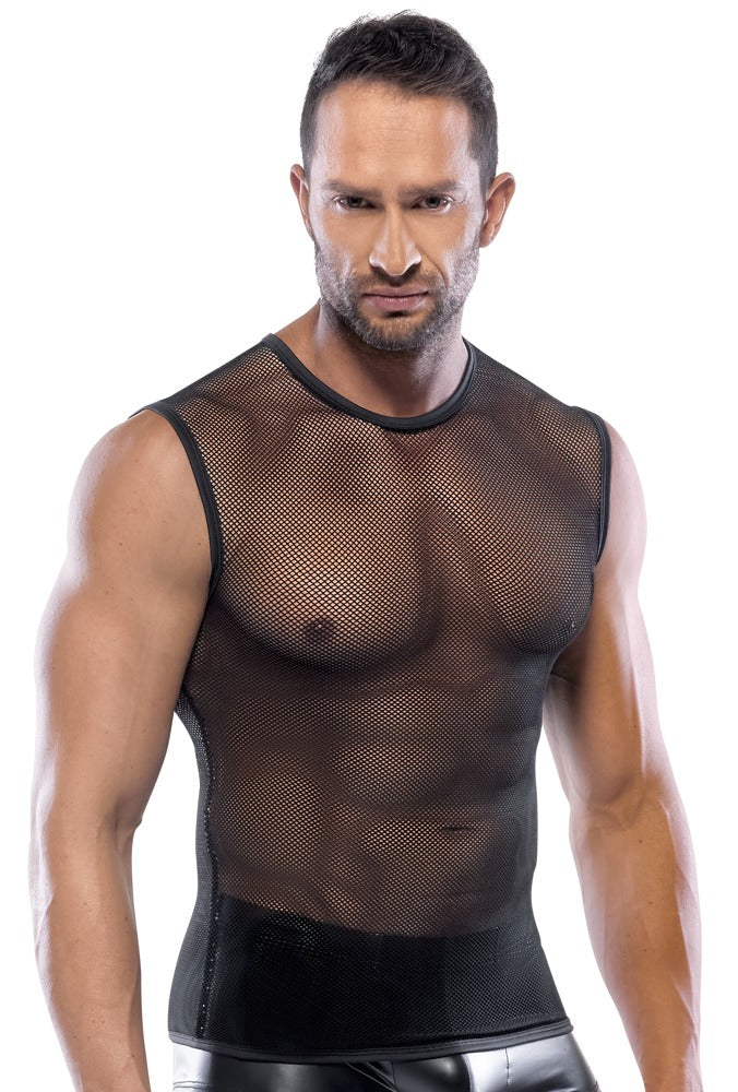 Svenjoyment Grobnetz-Shirt in Schwarz aus transparentem Netzmaterial, getragen von einem männlichen Model in der Frontansicht – erhältlich bei Evoria Care