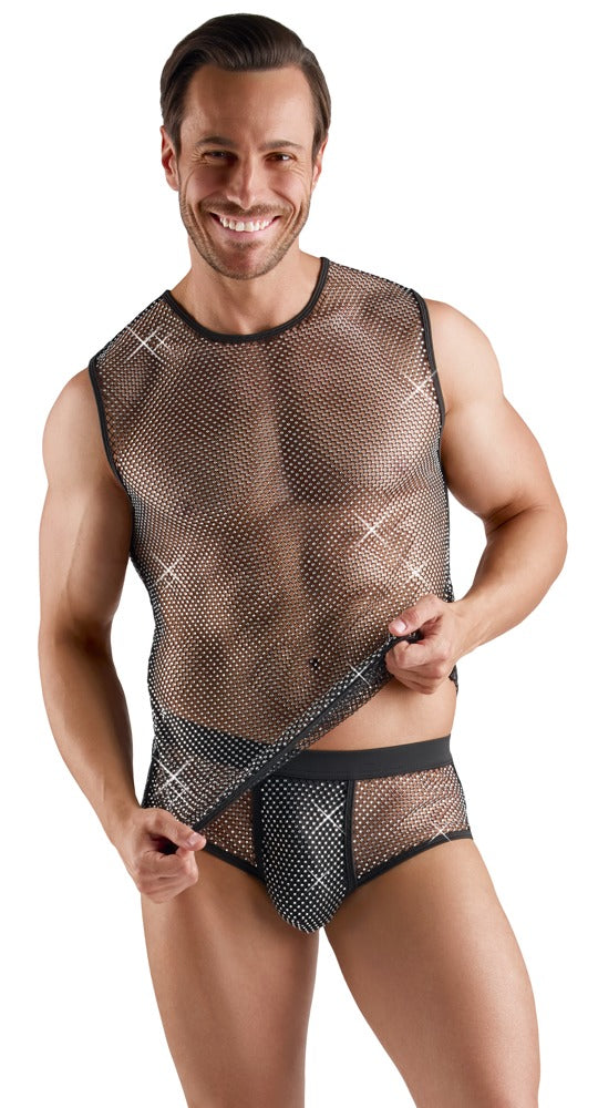 Svenjoyment Netzshirt in Schwarz mit transparentem Netzmaterial und funkelnden Glitzersteinen an einem männlichen Model in der Frontansicht – erhältlich bei Evoria Care