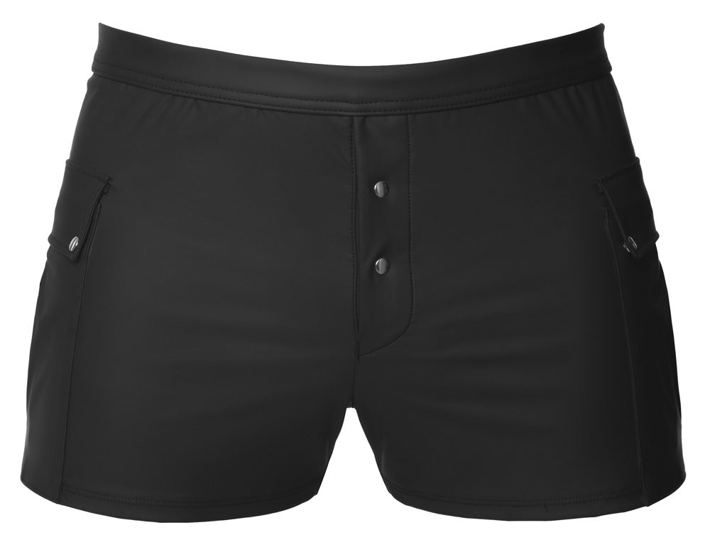 Svenjoyment Worker Shorts in Schwarz mit kurzem Schnitt, elastischem Bund und glatter Mattlook-Oberfläche in der Produktansicht von vorne – erhältlich bei Evoria Care