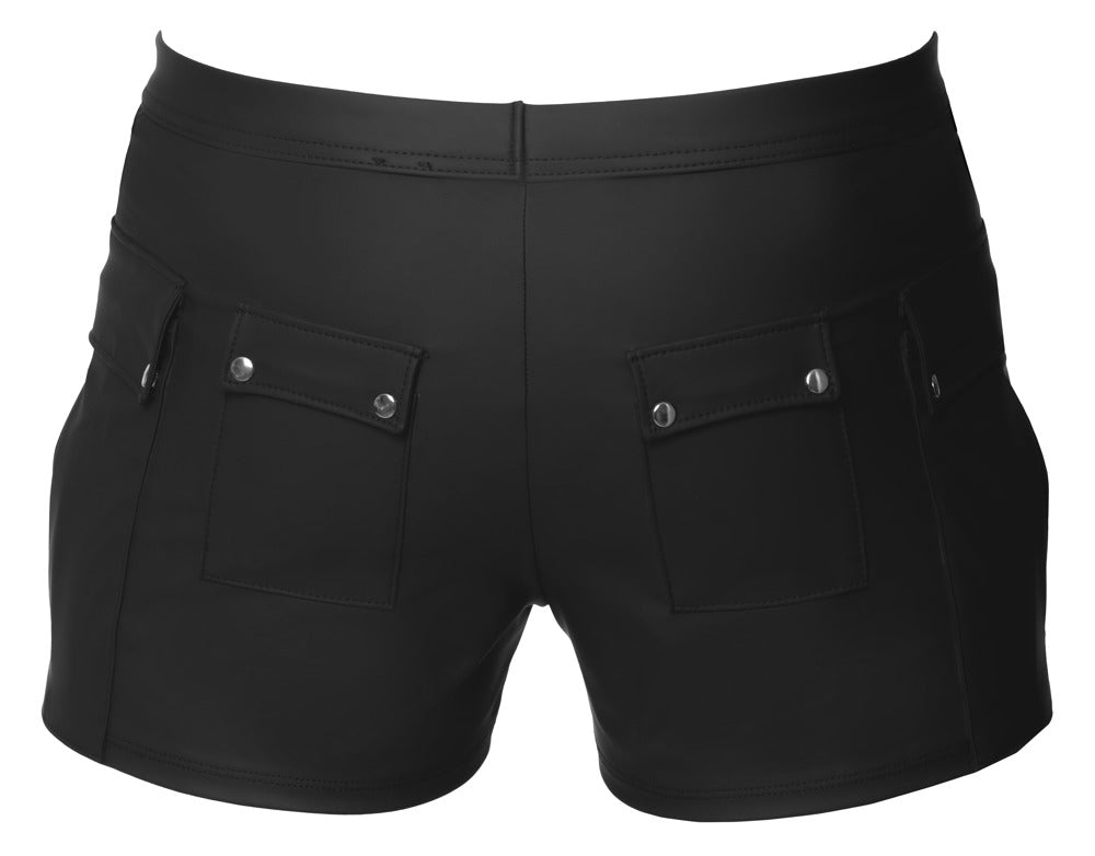 Svenjoyment Worker Shorts in Schwarz mit kurzem Beinabschluss und mattem Material in der Produktansicht von hinten – erhältlich bei Evoria Care
