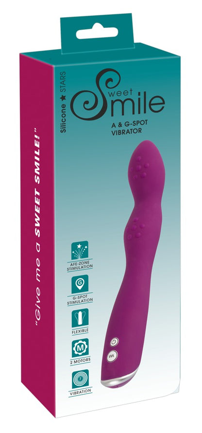 Sweet Smile A&G-Spot Vibrator für A- und G-Zone in Pink – Produkt zusammen mit der Sweet Smile Verpackung – erhältlich bei Evoria Care
