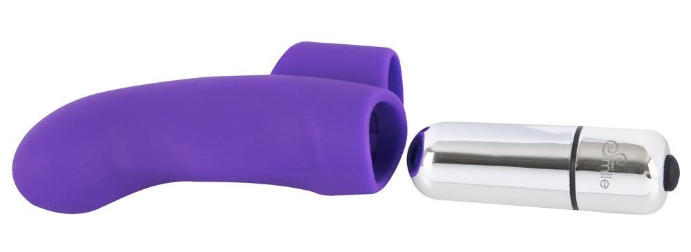 Sweet Smile Finger Vibrator in Lila – Detailansicht des geöffneten Griffbereichs mit herausgenommenem Batteriefach – erhältlich bei Evoria Care