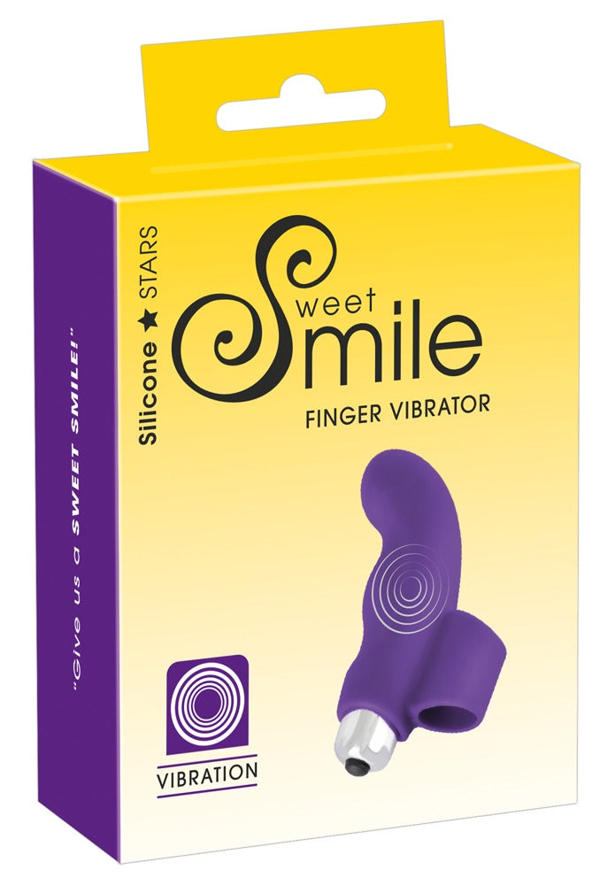 Sweet Smile Finger Vibrator in Lila – Fingervibrator zusammen mit der gelb-violetten Sweet Smile Verpackung – erhältlich bei Evoria Care