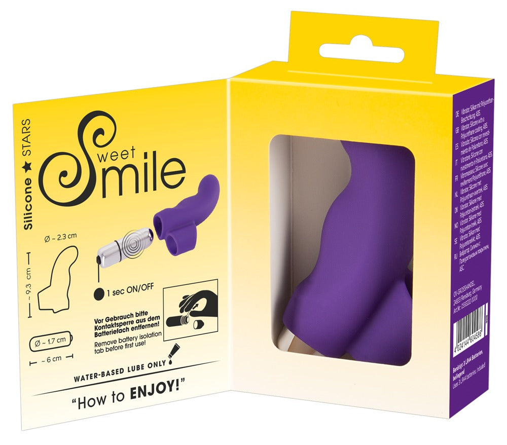 Sweet Smile Finger Vibrator – weitere Ansichten der Produktverpackung mit Darstellung des lilafarbenen Fingervibrators – erhältlich bei Evoria Care