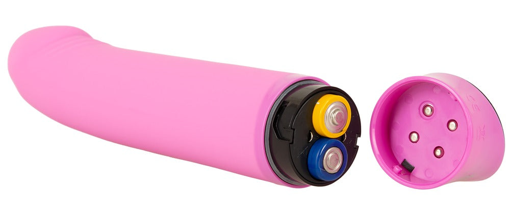 Sweet Smile Happy Vibrator in Pink – liegende Detailansicht mit schwarzem Bedienelement und Drehregler am Griffende – erhältlich bei Evoria Care