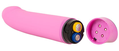 Sweet Smile Happy Vibrator in Pink – liegende Detailansicht mit schwarzem Bedienelement und Drehregler am Griffende – erhältlich bei Evoria Care