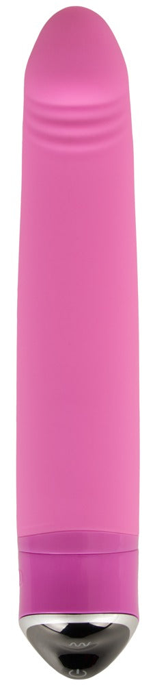 Sweet Smile Happy Vibrator in Pink – Frontansicht mit schlankem Schaft, abgerundeter Spitze und schwarzem Griffbereich – erhältlich bei Evoria Care